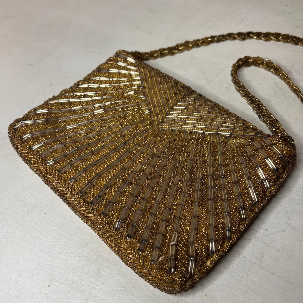 Vintage Bronze Gold Beaded Purse Shoulder Bag Made in Hong Kong 50s 60s